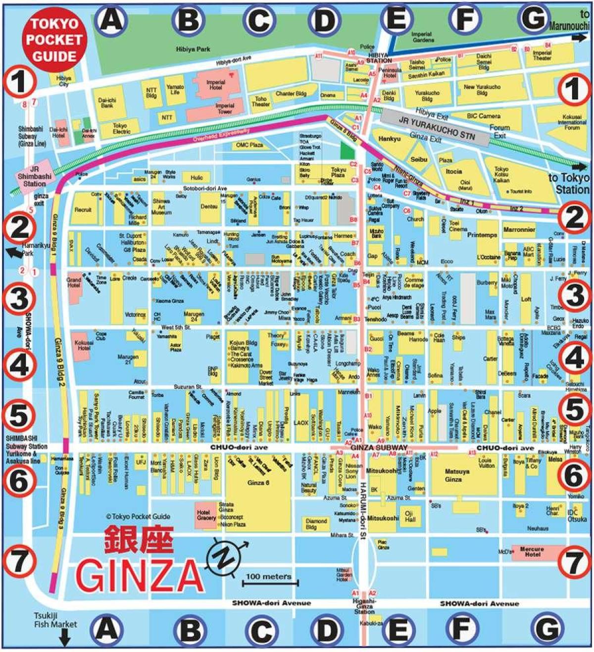 mappa di Ginza, a Tokyo in inglese